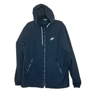 Nike Jacket Men's Medium Black Hooded Windbreaker Nylon Zip Up embroidered‎ logo